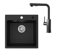 CECIPA Fregadero de granito negro 45 x 45 cm con grifo de cocina extensible de acero inoxidable, juego de fregadero de cocina con 2 agujeros para grifo, fregadero de cocina rectangular, lavabo con