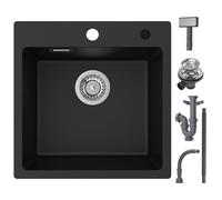 CECIPA Fregadero de granito negro, 45 x 45 cm, rectangular, moderno, con 2 agujeros para grifo, montaje inferior, compuesto de granito, fregadero de cocina