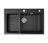 CECIPA Fregadero de granito negro 70 x 45 x 20 cm, con desagüe y rebosadero, 1 lavabo de cocina empotrable a partir de 80 cm de ancho del armario, fregadero de cocina con lavabo grande