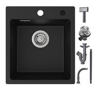 CECIPA Fregadero de granito negro de 40 x 45 cm, negro, rectangular, moderno fregadero de granito, fregadero de cocina pequeño, fregadero individual con 2 agujeros para grifo, 1 lavabo