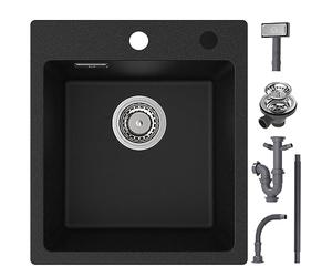 CECIPA Fregadero de granito negro de 40 x 45 cm, negro, rectangular, moderno fregadero de granito, fregadero de cocina pequeño, fregadero individual con 2 agujeros para grifo, 1 lavabo