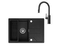 CECIPA Fregadero negro 65 x 45 cm con grifo de cocina con ducha, fregadero de cocina de granito, fregadero de cocina a partir de armarios bajos de 40 cm de ancho, lavabo de cocina con sifón y desagüe