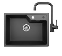 CECIPA Fregadero negro 65 x 45 cm con grifo, fregadero de cocina de granito, moderno en estilo puerto, de granito negro, para empotrar 1 lavabo de cocina - SERIE SOFETIY