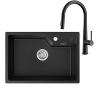 CECIPA Fregadero Negro 65x45cm con Grifo Extraíble, Fregadero de Cocina de Granito, Fregadero de Cocina Moderno Estilo Portuario, Fregadero de Granito Negro, Fregadero Empotrable 1 Cubeta Fregadero de