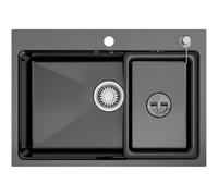 CECIPA Fregadero negro 68 × 48 cm de acero inoxidable, fregadero empotrable para encimeras a partir de 80 cm, con sifón, rebosadero y desagüe, con orificio para grifo