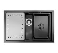 CECIPA Fregadero negro 70 x 44 cm, color negro antracita, fregadero de cocina de acero inoxidable, incluye tabla de cortar, fregadero interior de repuesto, sifón con rebosadero, fregadero de cocina