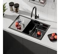 CECIPA Fregadero Negro, 70 x 44 cm, Montaje Bajo Encimera, Incluye Fregadero Interior de Repuesto, Tabla de Cortar, Sifón y Juego de Desagüe