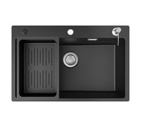 CECIPA Fregadero, negro, 70 x 45 x 20 cm, fregadero de granito con accesorios de drenaje y desagüe, 1 lavabo, fregadero de cocina, empotrable a partir de 80 cm, ancho de armario, fregadero de cocina