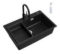 CECIPA Fregadero negro 70x45x20 cm con grifo negro extensible, fregadero de granito con conjunto de desagüe y rebosadero, 1 fregadero de cocina empotrable a partir de 80 cm de ancho del armario