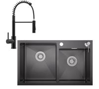 CECIPA Fregadero negro 75 x 45 cm, fregadero de cocina de acero inoxidable para armarios inferiores de 80 cm de ancho, fregadero con dispensador de jabón, desagüe y rebosadero, 2 lavabos empotrables