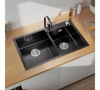 CECIPA Fregadero negro 75 x 45 cm, fregadero de cocina de acero inoxidable para armarios inferiores de 80 cm de ancho, fregadero con dispensador de jabón, desagüe y rebosadero, lavabo de cocina para