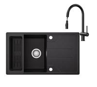 CECIPA Fregadero negro 78 x 45 cm con grifo de cocina extensible, lavabo de cocina de granito, fregadero de cocina para armarios bajos de 45 cm de ancho, fregadero empotrable, incluye sifón y desagüe