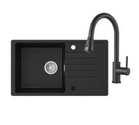 CECIPA Fregadero Negro 78x45 cm con Grifo Extensible, Fregadero de Granito Reversible con Sistema de Salida y Rebosadero, 1 Lavabo Fregadero de Cocina Integrable a partir de 60 cm de Ancho de Armario