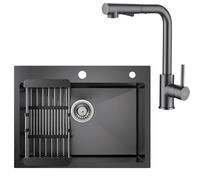 CECIPA Fregadero Negro Antracita 60x45 Cm Con Escurridor Y Sifón + Grifo de Cocina Extensible Gris Negro, 1 Seno Cuadrado, Encastrable Con 2 Orificios