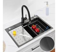 CECIPA Fregadero Negro(Antracita) 70x45 CM, Acero Inoxidable, 1 Seno, Dispensador de Jabón, Sifón, Juego de Desagüe, Lavello Móvil y Tagliere