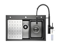 CECIPA Fregadero Negro(Antracita) con Grifo Cocina Muelle, 70x45 CM Fregadero de Acero Inoxidable con Dispensador de Jabón, Fregadero Cocina con Lavello Mobile e Tagliere, Cepillado
