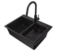 CECIPA Fregadero Negro con Grifo Extensible 60 x 45 cm, Fregadero de Cocina de Granito, Fregadero de Cocina con Cesta de Filtro, Lavabo de Cocina incl. Sifón y Rebosadero