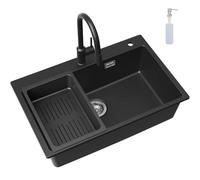 CECIPA Fregadero negro con grifo extensible 70 x 45 x 20 cm, de granito con desagüe y rebosadero, 1 lavabo de cocina empotrable a partir de 80 cm de ancho del armario, fregadero de cocina con lavabo