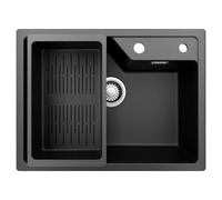 CECIPA Fregadero negro de 60 x 45 cm, de granito negro con cesta colador, moderno fregadero de cocina en estilo puerto, instalación desde arriba, fregadero de cocina con 2 agujeros para grifo, serie
