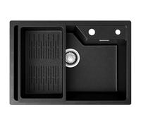 CECIPA Fregadero negro de 65 x 45 cm, de granito negro con cesta colador, moderno fregadero de cocina en estilo puerto, instalación desde arriba, fregadero de cocina con 2 agujeros para grifo, serie