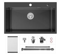 CECIPA Fregadero Negro de Acero Inoxidable 75x45 cm, Lavabo de Cocina 1 Seno Negro con Cortina Enrollable de Desagüe, Fregaderos de Cocina para Mueble de Longitud 80 cm con Sifón y Desagüe