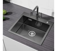 CECIPA Fregadero Negro Gris 50x45cm Sobre Encimera - 1 Seno Acero Inoxidable para Mueble de 50cm o Más - Antracita Con Sifón y Rebosadero