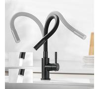CECIPA Grifo Cocina Flexible Con 2 Chorros de Agua, Abatible, Negro Mate, Fregadero Giratorio a 360º, Para Agua Caliente Y Fría