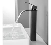 CECIPA Grifo de baño negro alto, grifo de lavabo cascada, grifo de baño de acero inoxidable, grifos de lavabo con agua caliente y fría, grifo mezclador monomando, altura de salida de agua 245 mm
