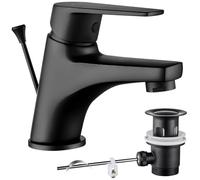 CECIPA Grifo de baño negro, grifo de lavabo con barra de tracción y desagüe, grifo mezclador para lavabo, grifo de baño con altura de caño 57 mm, grifo de lavabo de latón, grifo de baño