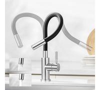 CECIPA grifo de cocina flexible negro, mezclador giratorio 360°, chorro ajustable, fregadero de acero inoxidable