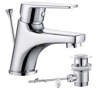 CECIPA Grifo de lavabo para baño con barra de tracción, grifo para lavabo con desagüe, grifo mezclador de baño con altura de salida de 57 mm, pequeño mezclador de lavabo para baño