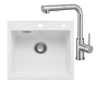 CECIPA Juego de fregaderos de granito cepillado, 50 x 45 cm, con grifo de cocina extraíble, 1 lavabo, 80% arena de cuarzo, incluye sifón y rebosadero