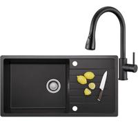 CECIPA Juego de fregaderos de granito con escurridor y sifón completo, fregadero de cocina para armarios bajos a partir de 60 cm, incluye grifo extraíble para cocina, color negro