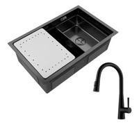 CECIPA MAX Fregadero de 1 Lavabo 70×44CM Negro Fregadero Encastrable con Escurridor y Lavabo + Grifo Monomando con Ducha Extraíble, 3 Modos de Salida de Agua, Negro