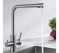 CECIPA PURE-I - Grifo de cocina de 3 vías, mezclador de fregadero con dos salidas de agua: agua filtrada y agua caliente/fría - boquilla orientable 360° de acero inoxidable 304 cepillado