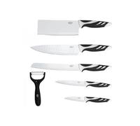Cecotec Set de cuchillos Swiss Chef. Hoja de 2,5 mm de grosor, Empuñadura con insertos de silicona, Recubrimiento antiadherente cerámico, Blanco y Negro, Presentados en estuche
