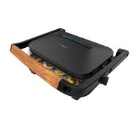 Cecotec Parrilla Eléctrica Rock'Ngrill 1300 Wood B. Potencia de 1300W, Diseño Negro, Revestimiento Rockstone, Base Antideslizante, Placa Flotante, Indicador Luminoso, Asa de Madera, Versatilidad