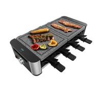 Cecotec Raclette Cheese&Grill 16000 Inox AllStone, 8 pers, Grill de 1400 W, Termostato regulable, Superficie mixta grill-plancha 40 x 22 cm, Placa de piedra natural, Incluye 8 sartenes y 8 espátulas.