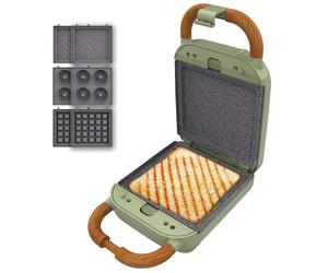 Cecotec Sandwichera Vintage Rock'Ntoast Retro One Green. 700W, 3 Placas Intercambiables, Diseño Retro, Revestimiento Rockstone, Indicador Luminoso, Base Antideslizante, Asa de Tacto Frío, Pinza Cierre
