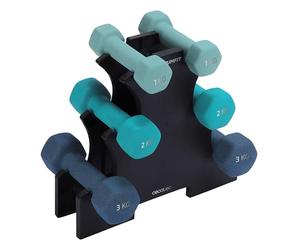 Cecotec Set de 6 Mancuernas Hexagonales Sweatproof de 1, 2 y 3Kg DrumFit Dumbbell 123 Neoprene Set. Recubrimiento de Neopreno de Alta Adherencia, Todo Tipo de Usuarios, Soporte Incluido