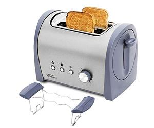 Cecotec Tostadora Acero Steel&Toast 2S. 6 Niveles de Potencia, Capacidad para 2 Tostadas, 3 Funciones(Tostar, Recalentar, Descongelar), Incluye Soporte Panecillos, Bandeja Recogemigas, 800 W