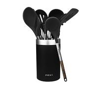 Cecotec Utensilios de Cocina de Silicona Polka Excellence Force. Set de 9 piezas Negro, Recubierto Soft touch y Mango efecto Madera. Materiales: Silicona, Nylon y PP, Incluye Holder Polka