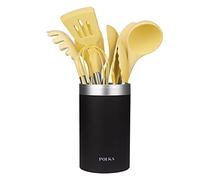 Cecotec Utensilios de Cocina de Silicona Polka Experience Vulcano. Set de 9 piezas Amarillo, Recubierto Soft touch y Mango de Acero. Materiales: Silicona, Nylon y PP, Incluye Holder Polka
