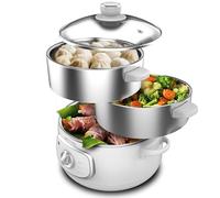 Cecotec Vaporera Eléctrica Vapovita Steelpot White. Potencia de 1300W, Recipientes Inoxidables, Capacidad 10L, Tiempo Ajustable, Apagado Automático, Fácil Limpieza, Tapa Especial, Cocina Saludable