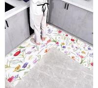 CEDNXOER Alfombra de Cocina Campo Flores en 2 Piezas, Alfombrillas con Acuarela Flores Silvestres Lavables para Suelo, 40×60cm+40×120cm Tapetes Antideslizantes y Suaves para Lavadero, Blanco
