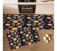 CEDNXOER Alfombra de Cocina Dibujos Animados Universo en 2 Piezas, Alfombrillas con Denso Planeta Lavables para Suelo, 50×80cm+50×160cm Tapetes Antideslizantes y Suaves para Lavadero, Negro
