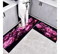 CEDNXOER Alfombra de Cocina Elegante Arreglo Floral. en 2 Piezas, Alfombrillas con Peonía Púrpura Lavables para Suelo, 50×80cm+50×160cm Tapetes Antideslizantes y Suaves para Lavadero, Morado Oscuro