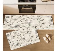 CEDNXOER Alfombra de Cocina Flores Dibujadas A Mano en 2 Piezas, Alfombrillas con Gris Pétalos Lavables para Suelo, 40×60cm+40×120cm Tapetes Antideslizantes y Suaves para Lavadero, Crema