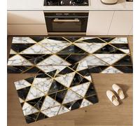 CEDNXOER Alfombra de Cocina Geometría Triángulo en 2 Piezas, Alfombrillas con Mármol Lavables para Suelo, 40×60cm+40×120cm Tapetes Antideslizantes y Suaves para Lavadero, Negro