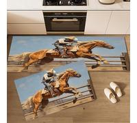 CEDNXOER Alfombra de Cocina Paisaje Oeste Americano en 2 Piezas, Alfombrillas con Vaquero Montando Lavables para Suelo, 40×60cm+40×120cm Tapetes Antideslizantes y Suaves para Lavadero, Marrón